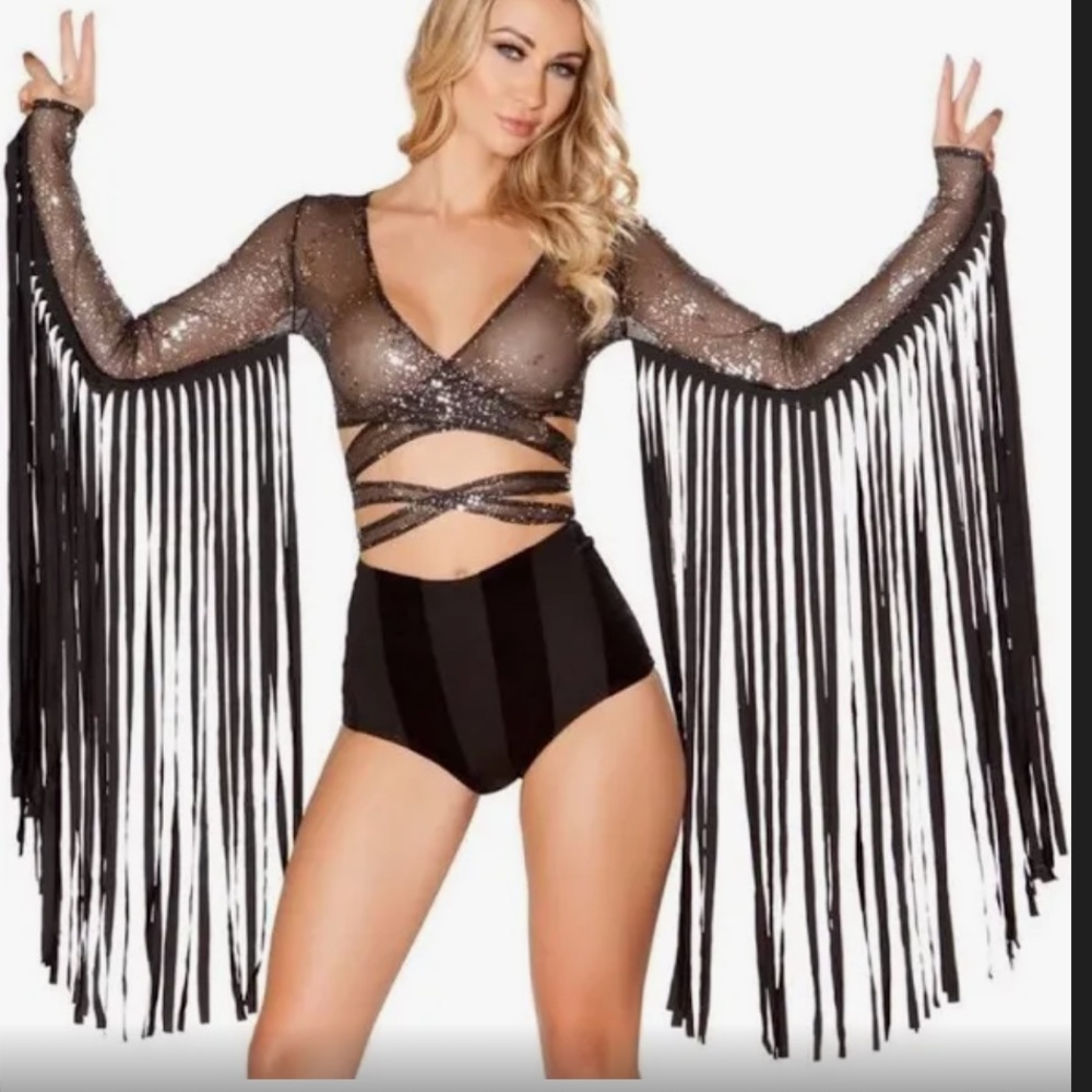 J. Valentine Black‎ Sheer Mesh Silver Sequins Fringe Wrap Crop Festival Top S-M?
